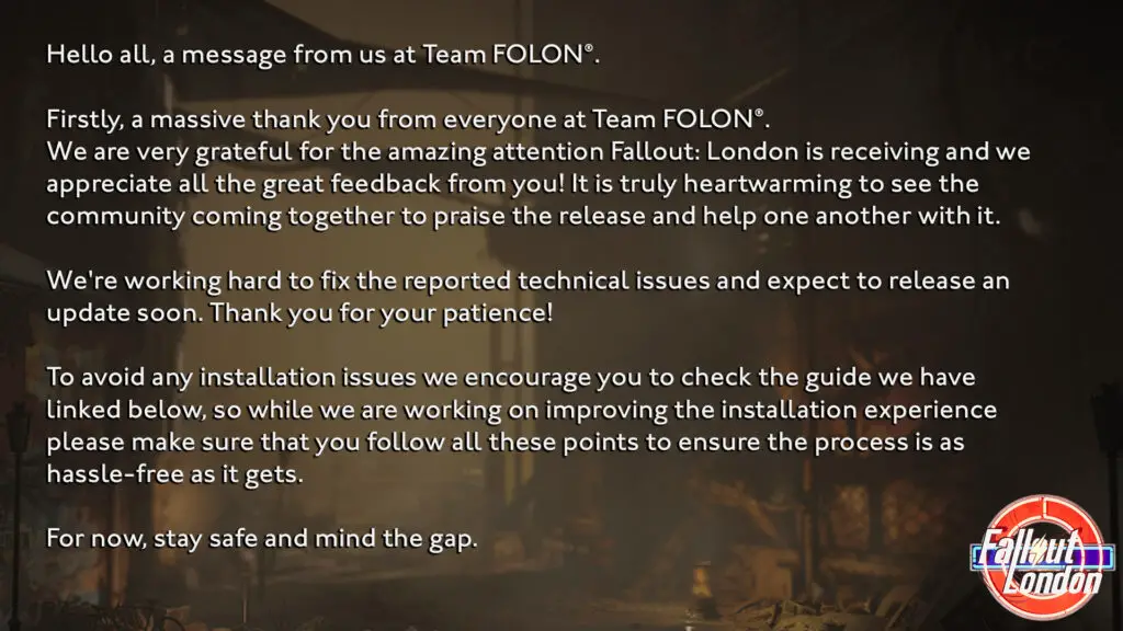 Team FOLON Promise To Roll Out Fallout: London Fix For Reported Technical Issues