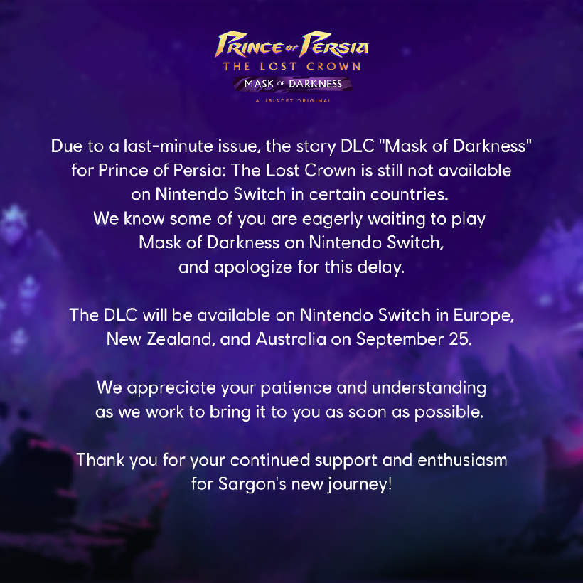 Prince Of Persia: The Lost Crown Mask Of Darkness DLC Delayed on Nintendo Switch In Certain Countries