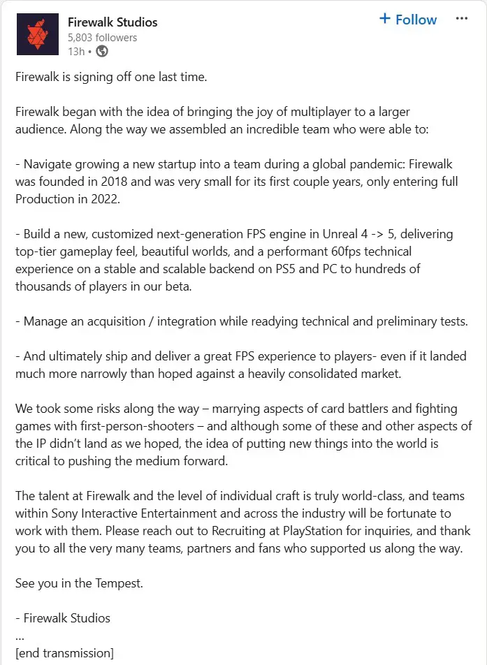 Firewalk Studios farewell statement