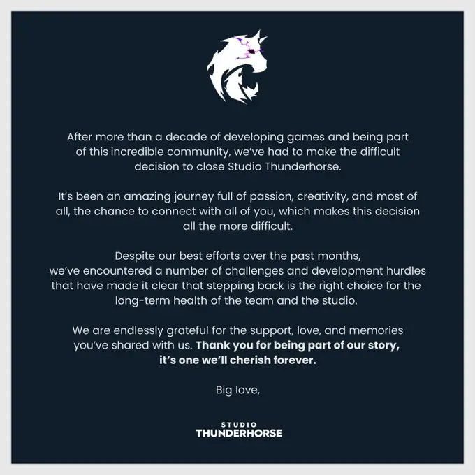 Indie Developer Studio Thunderhorse Shuts Down After Over 10 Years