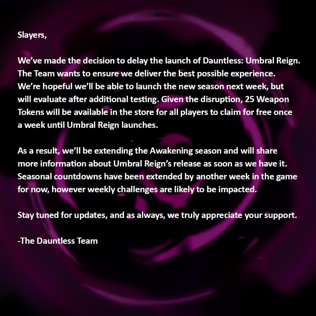 Dauntless new season delay