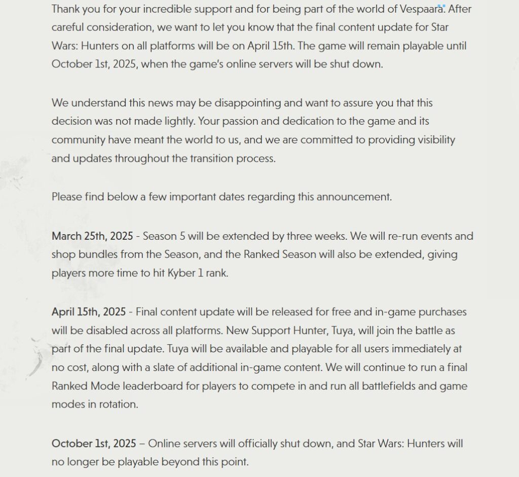 Message from Star Wars Hunters developer