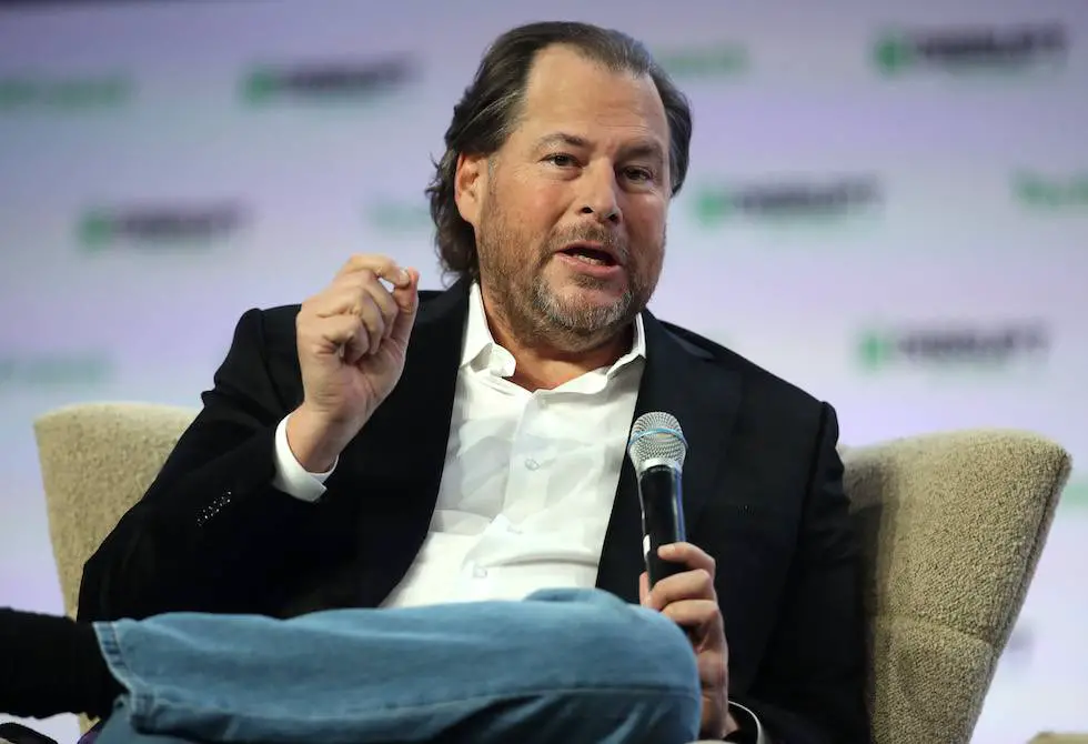 Salesforce chairman and co-CEO Marc Benioff speaks during the TechCrunch Disrupt SF 2019 conference at Moscone Center  (Photo credit: Justin Sullivan/Getty Images)
