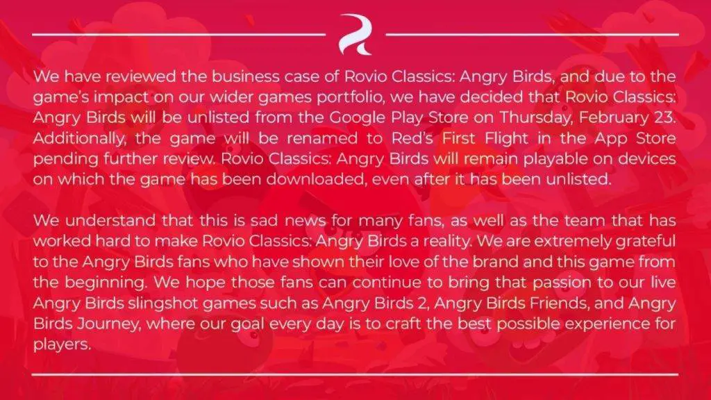 Angry birds delisting announcement
