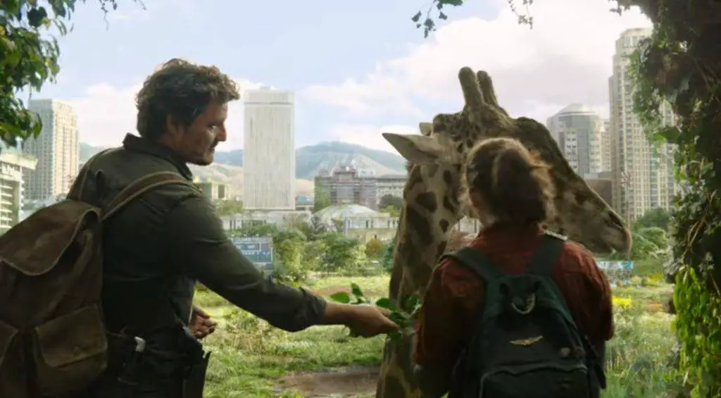 Joel and Ellie feeding a Giraffe in The Last Of Us episode 9
