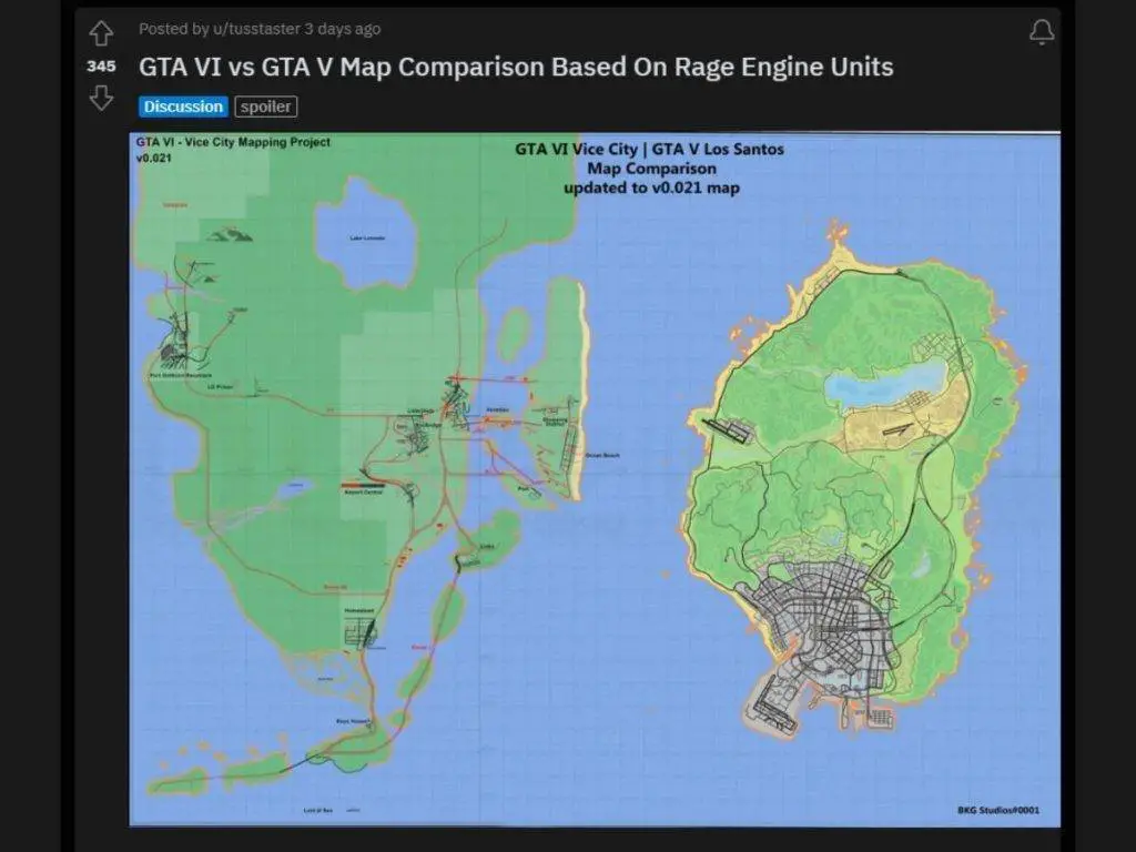 Vice City appears bigger than Blaine County and Los Santos  (Photo credit: Reddit/utusstaster)