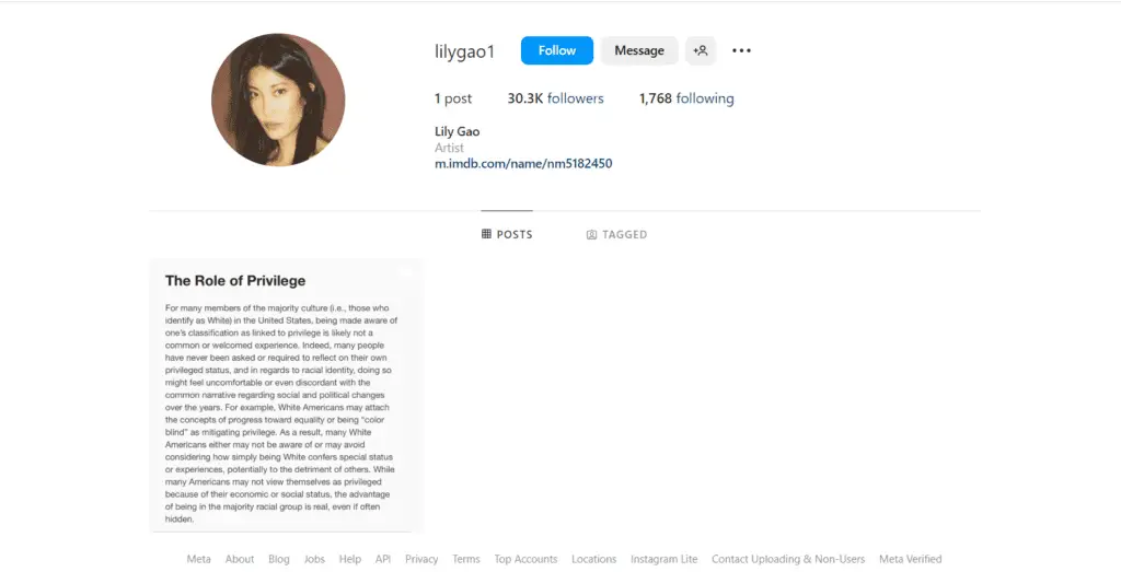 Lily Gao hid or deleted all her posts on Instagram except one