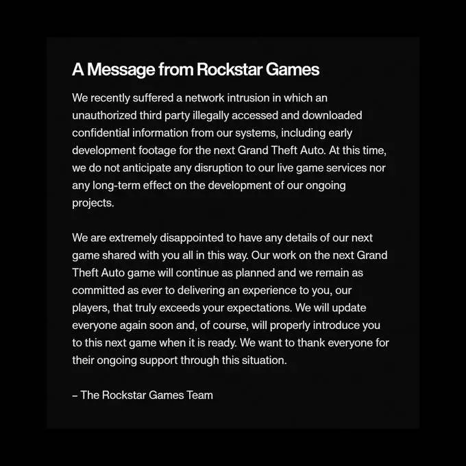 Message from Rockstar Games after GTA 6 September 2022 leak