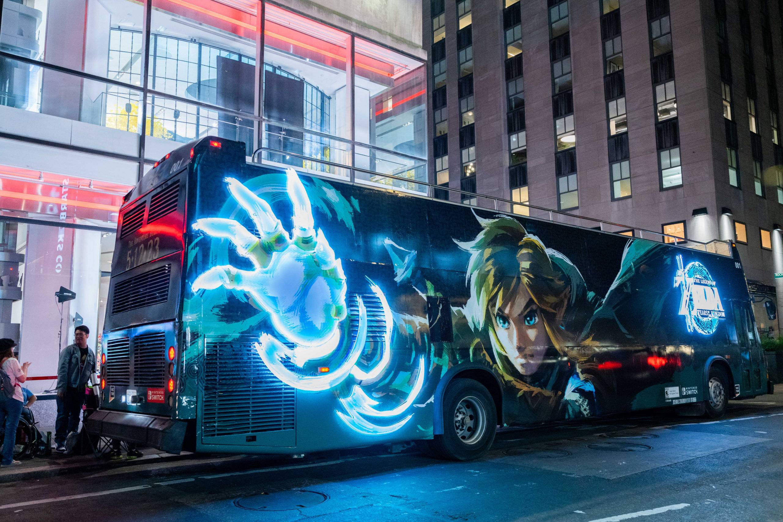 A double-decker bus themed to The Legend of Zelda Tears of the Kingdom