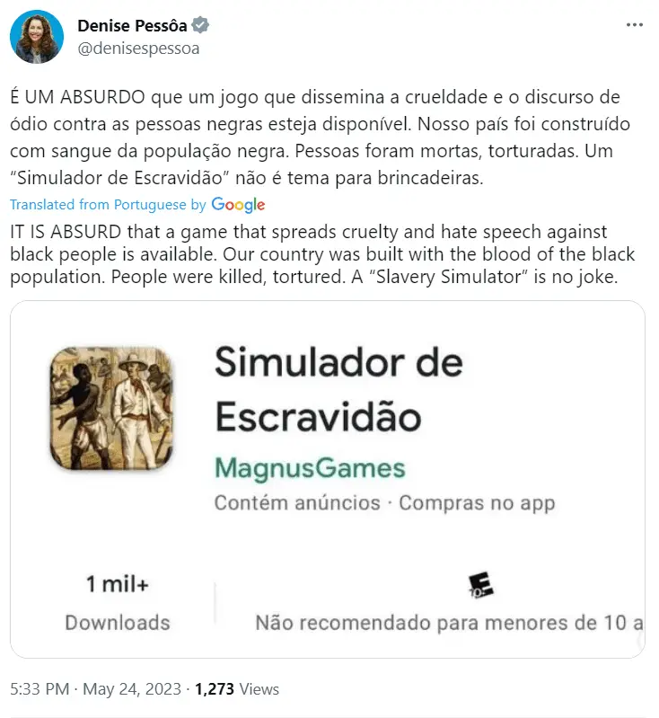  Denise Pessoa disowns Slavery Simulator
