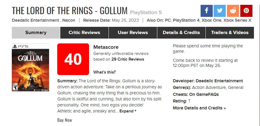Metacritic score for The Lord of the Rings: Gollum