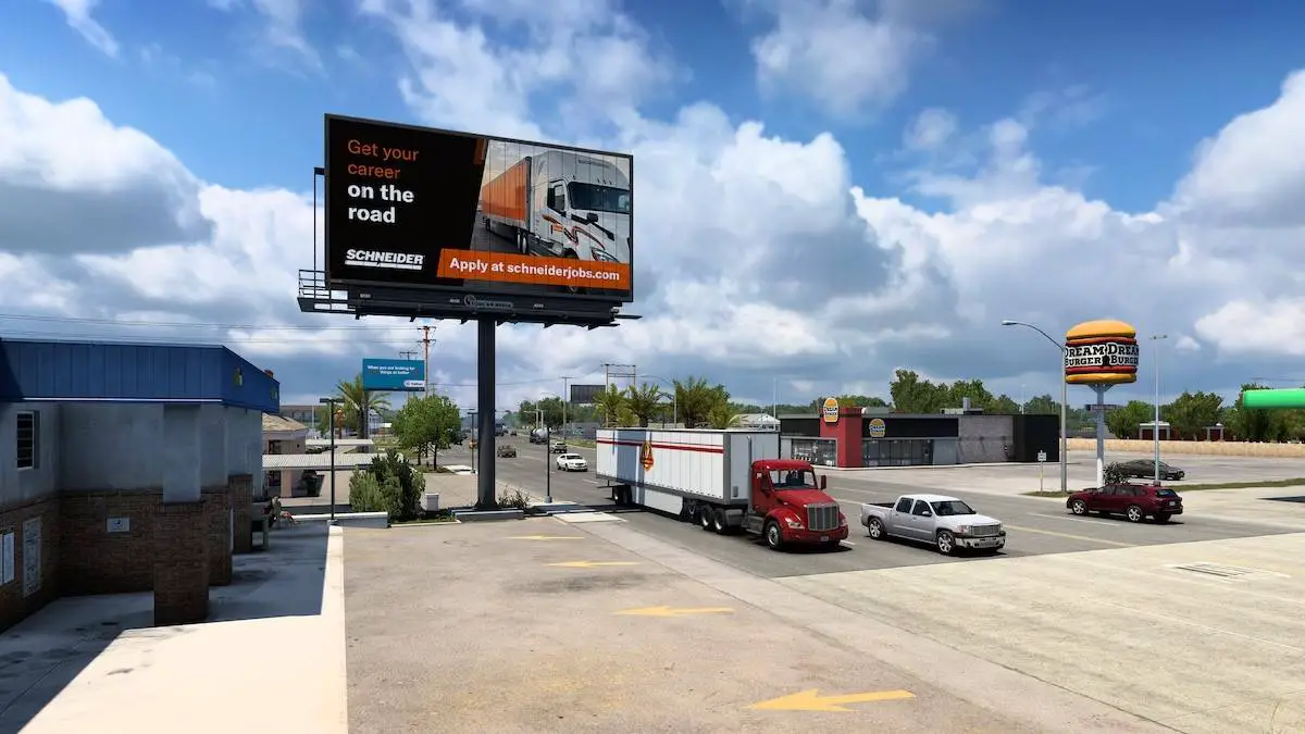 An advertisement for trucking company Schneider National in the video game “American Truck Simulator.” (SCS Software)