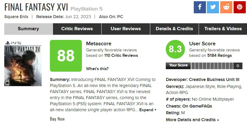 Final Fantasy XVI  metacritic score