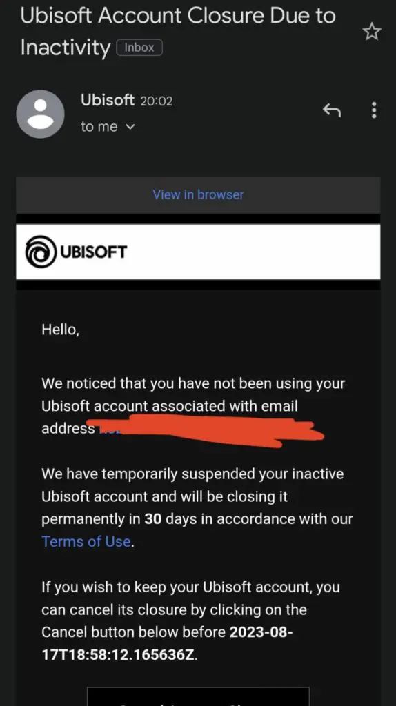 Ubisoft message on account closure