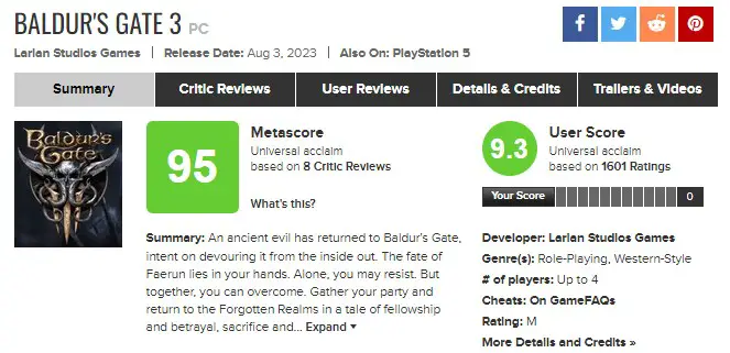 Baldur's Gate 3 metactitic score