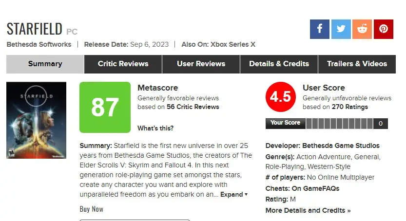 Starfield Metacritic score