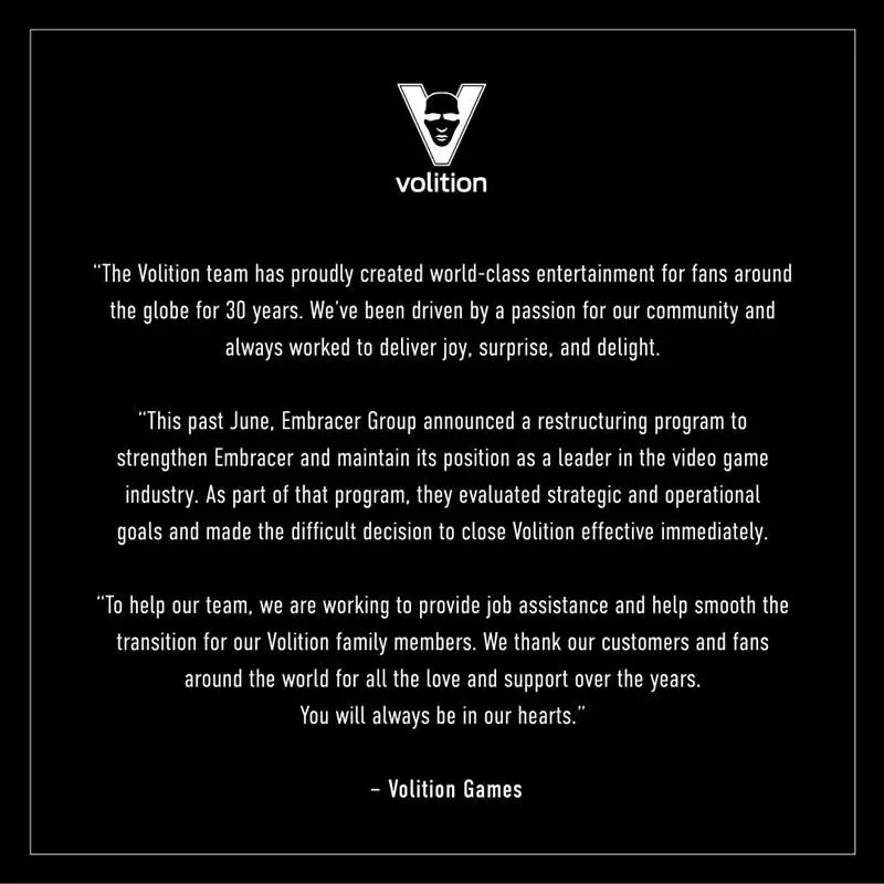 Volition Games shutdown announcement