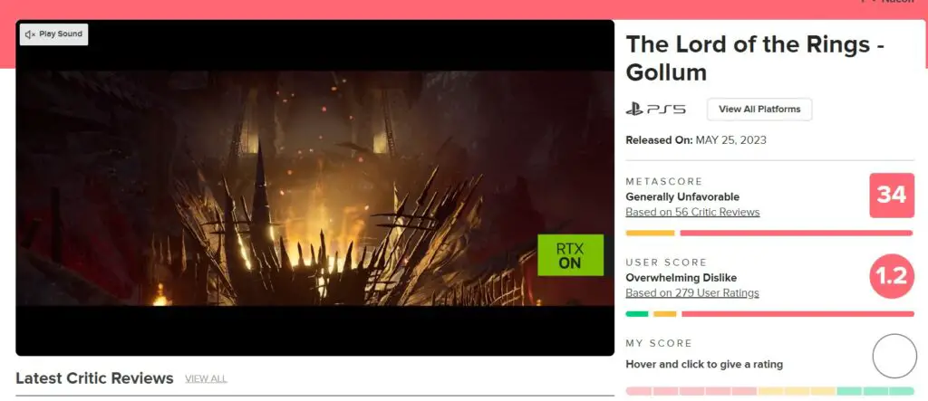 The Lord of the Rings: Gollum Metacritic score (Snapshot: GameBaba Universe)