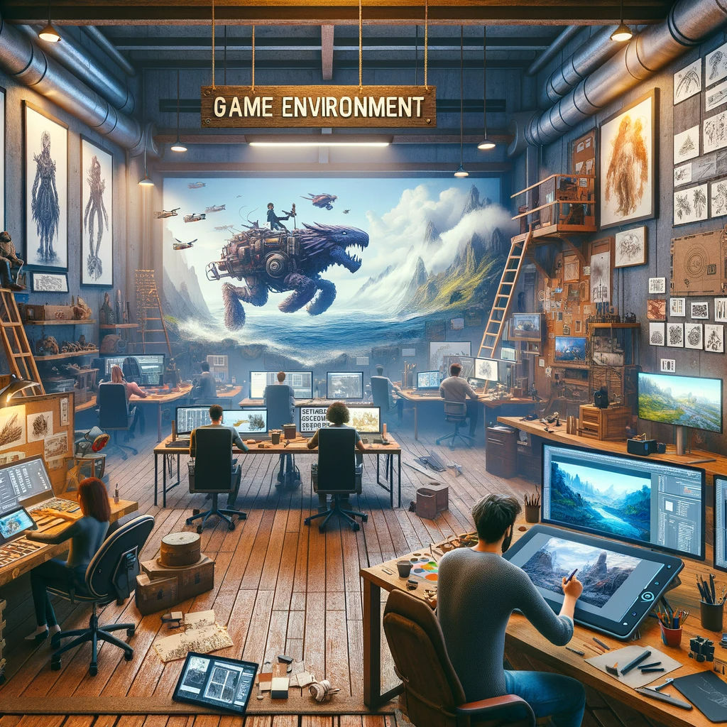 the interior of a game environment studio. Include artists working on digital tablets, concept environment art on the walls